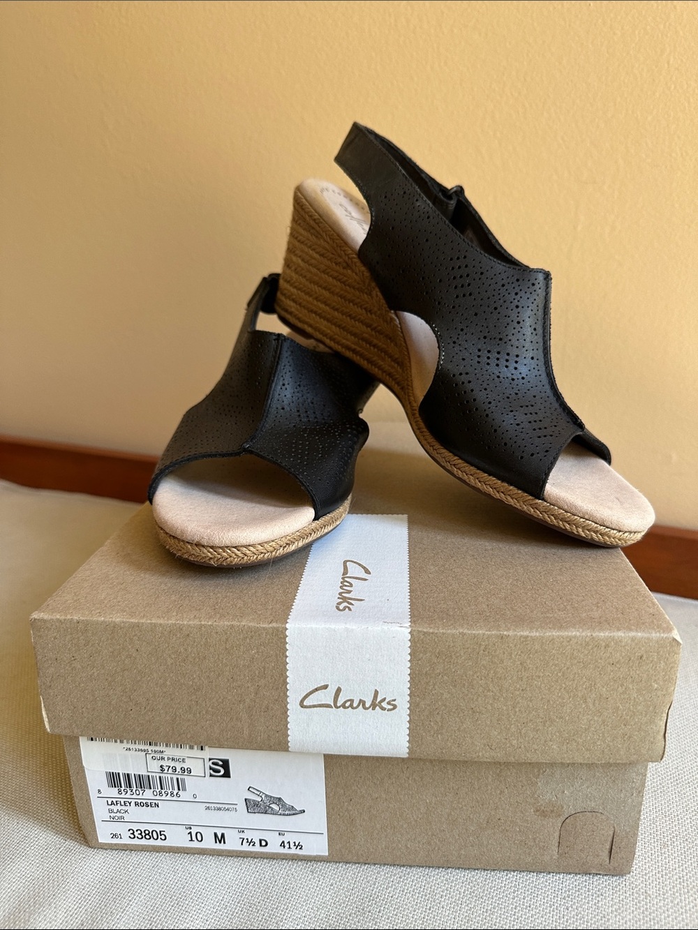 NWT Clarks Lafley Rosen Black Perforated Leather Slingback Wedge Sandals Size 10